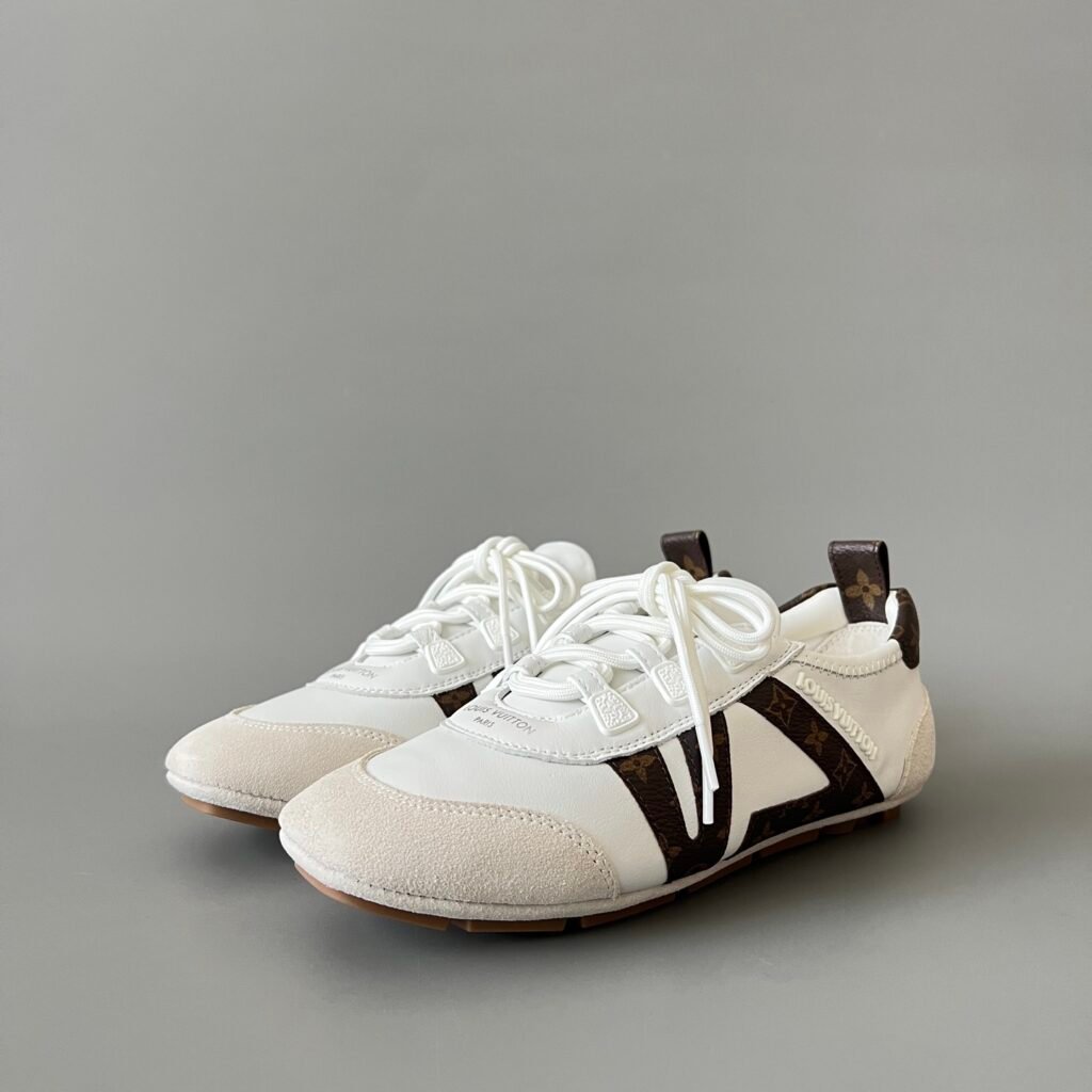 AuroraCustom LV Sneakerina GAT Series Classic Brown Monogram Canvas & Optic White Leather Luxury Retro German Army Trainer Runner (Women's Exclusive)