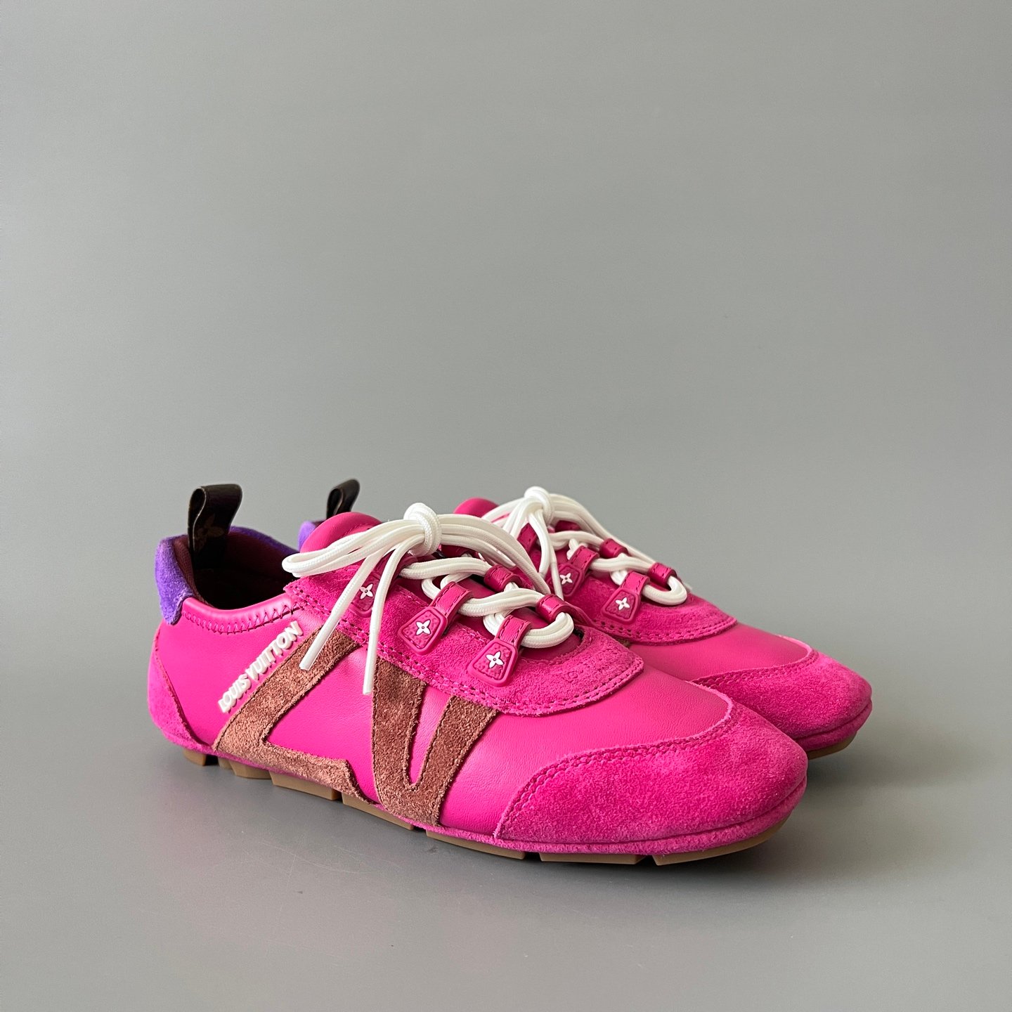 AuroraCustom LV Sneakerina GAT Series Shocking Fuchsia Pink & Walnut Brown Suede Luxury Retro German Army Trainer Runner (Women's Exclusive) - Image 2