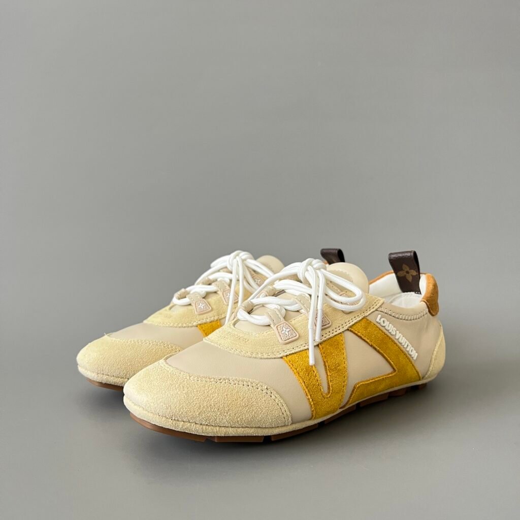 AuroraCustom LV Sneakerina GAT Series Alabaster Beige & Ochre Yellow Suede Luxury Retro German Army Trainer Runner (Women's Exclusive)