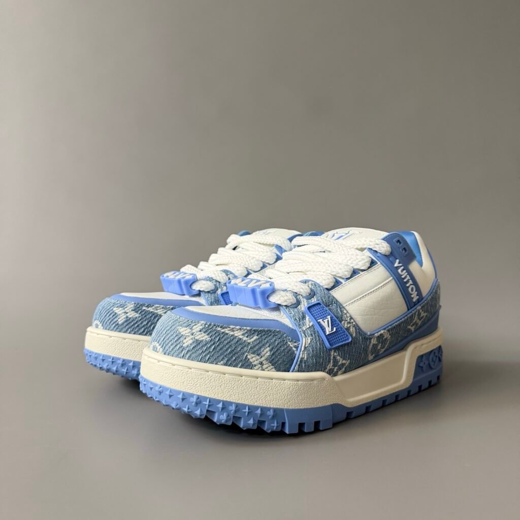 AuroraCustom LV Trainer Maxi Series UNC Sky Blue Monogram Denim & White Leather Oversized Chunky Luxury Statement Sneaker (Unisex Edition)