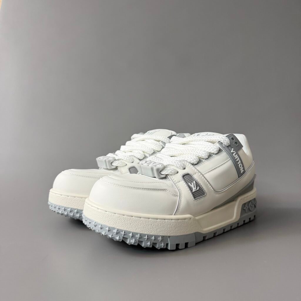 AuroraCustom LV Trainer Maxi Series Optic White Leather & Cement Grey Accent Oversized Chunky Luxury Statement Sneaker (Unisex Edition)