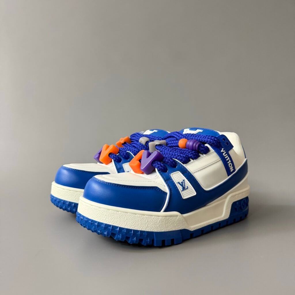 AuroraCustom LV Trainer Maxi Series Optic White & Royal Cobalt Blue Leather Multi-Color Playful Charms Oversized Chunky Luxury Statement Sneaker (Unisex Edition)