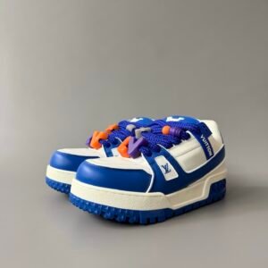 AuroraCustom LV Trainer Maxi Series Optic White & Royal Cobalt Blue Leather Multi-Color Playful Charms Oversized Chunky Luxury Statement Sneaker (Unisex Edition)