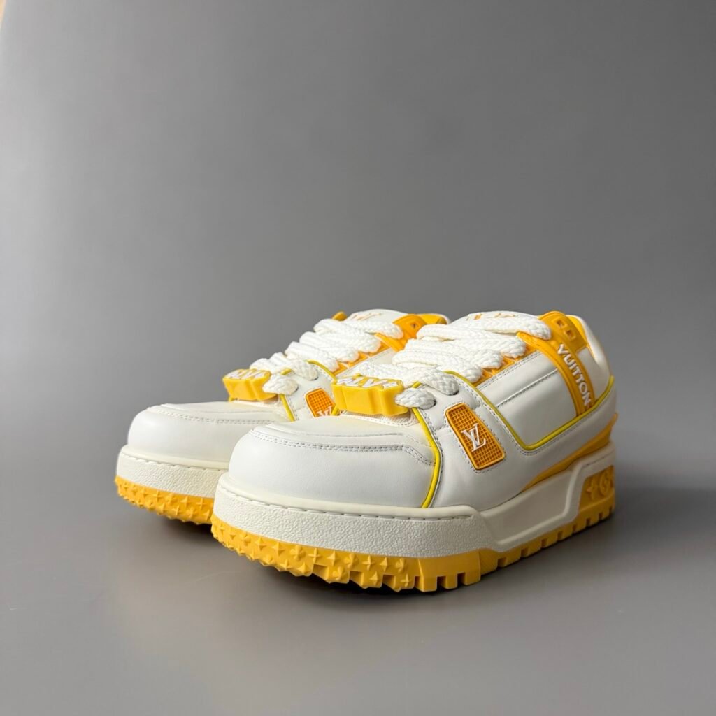 AuroraCustom LV Trainer Maxi Series Optic White Leather & Canary Yellow Accent Oversized Chunky Luxury Statement Sneaker (Unisex Edition)