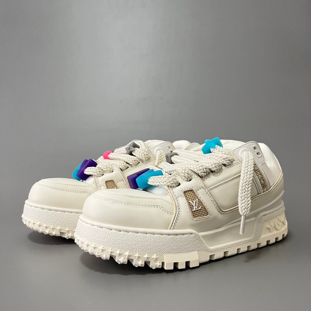 AuroraCustom LV Trainer Maxi Series Ivory Cream Leather Metallic Gold Accents Multi-Color Playful Charms Oversized Chunky Luxury Statement Sneaker (Unisex Edition)