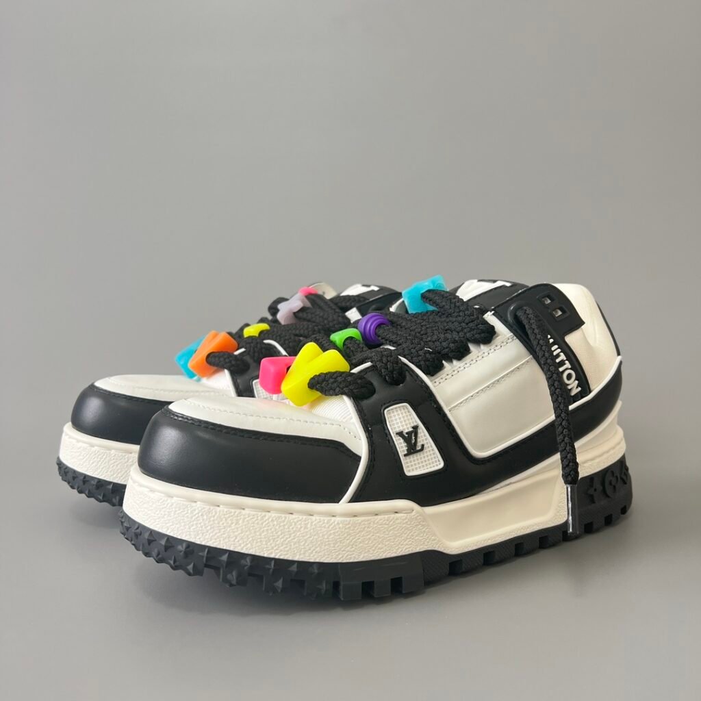AuroraCustom LV Trainer Maxi Series Monochromatic Panda White & Black Leather Multi-Color Playful Charms Oversized Chunky Luxury Statement Sneaker (Unisex Edition)