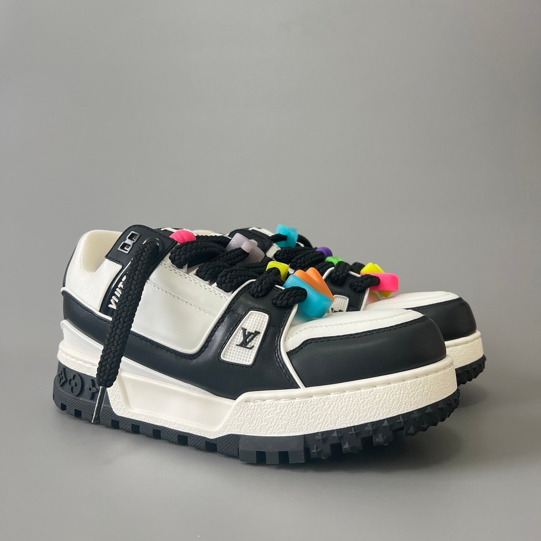 AuroraCustom LV Trainer Maxi Series Monochromatic Panda White & Black Leather Multi-Color Playful Charms Oversized Chunky Luxury Statement Sneaker (Unisex Edition) - Image 3