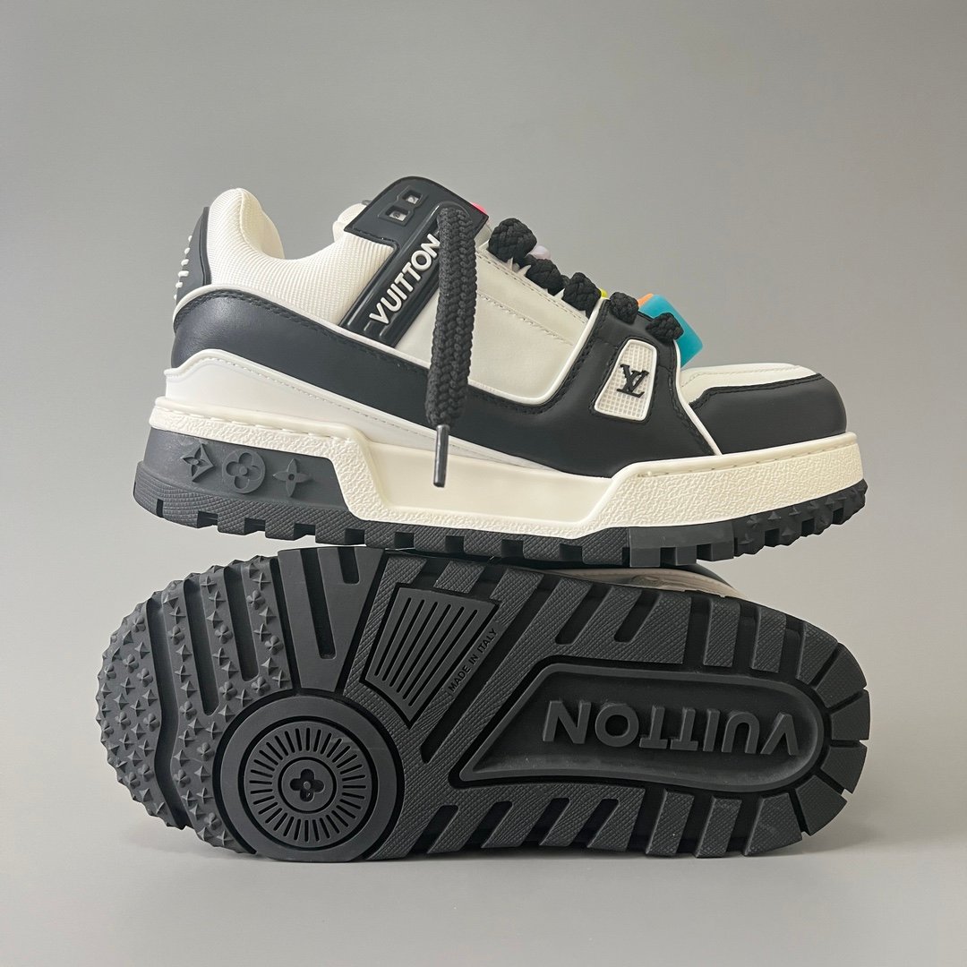 AuroraCustom LV Trainer Maxi Series Monochromatic Panda White & Black Leather Multi-Color Playful Charms Oversized Chunky Luxury Statement Sneaker (Unisex Edition) - Image 6