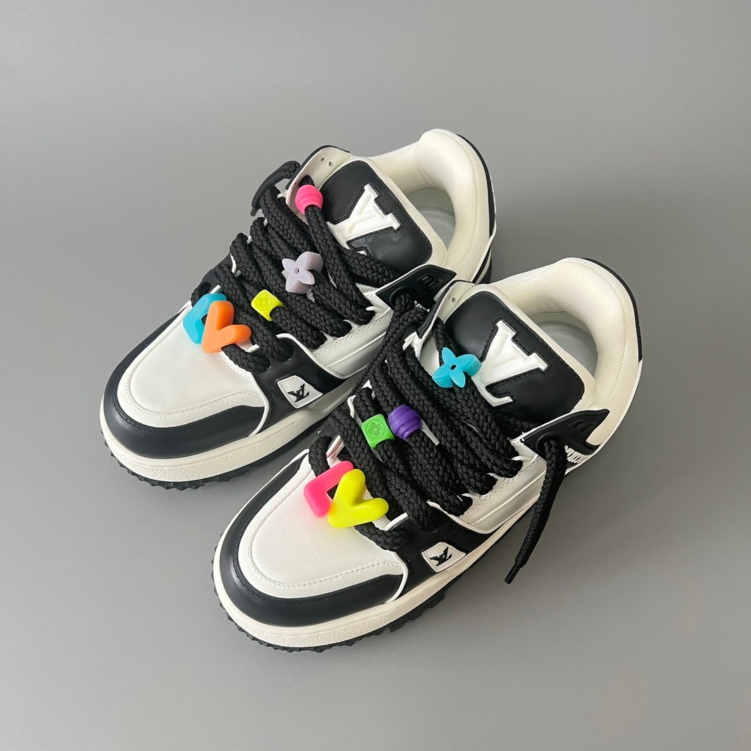 AuroraCustom LV Trainer Maxi Series Monochromatic Panda White & Black Leather Multi-Color Playful Charms Oversized Chunky Luxury Statement Sneaker (Unisex Edition) - Image 8
