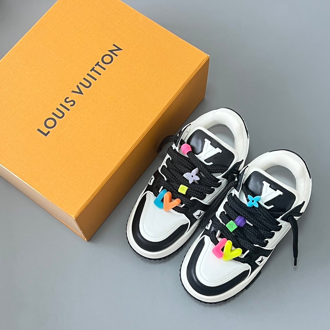 AuroraCustom LV Trainer Maxi Series Monochromatic Panda White & Black Leather Multi-Color Playful Charms Oversized Chunky Luxury Statement Sneaker (Unisex Edition) - Image 9