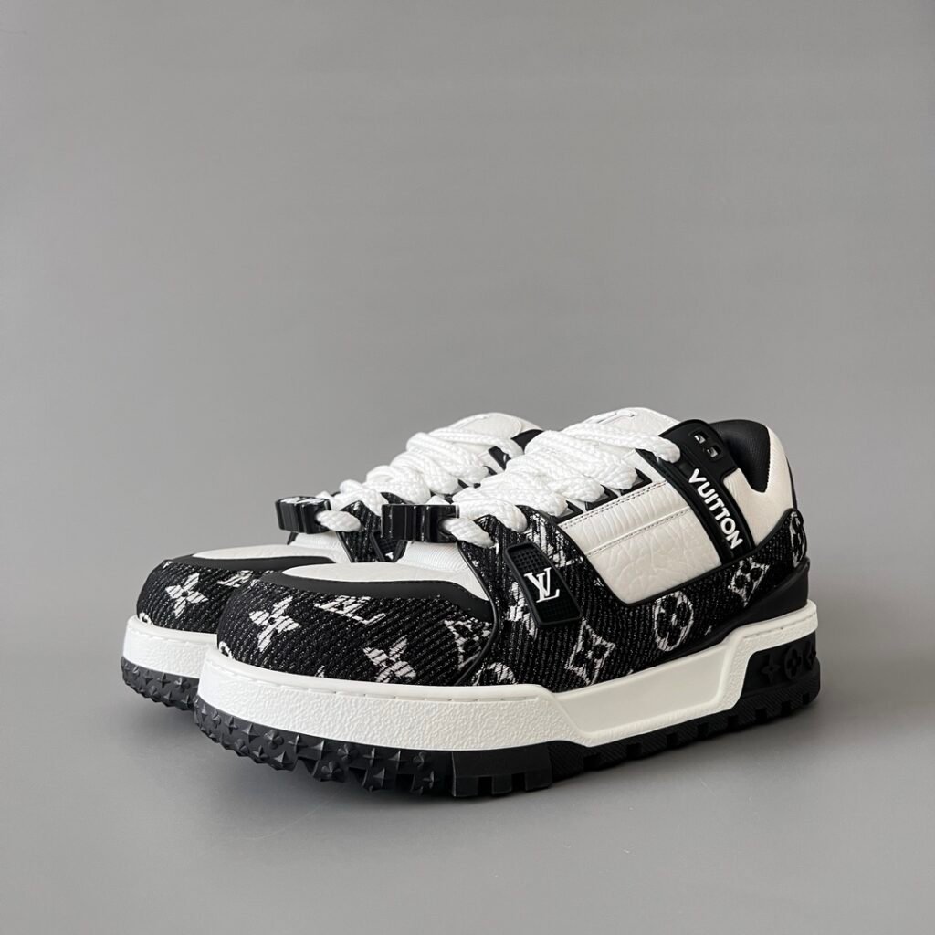 AuroraCustom LV Trainer Maxi Series Black Monogram Denim & White Leather Oversized Chunky Luxury Statement Sneaker (Unisex Edition)