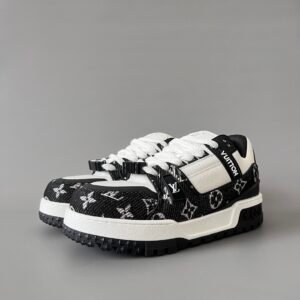 AuroraCustom LV Trainer Maxi Series Black Monogram Denim & White Leather Oversized Chunky Luxury Statement Sneaker (Unisex Edition)