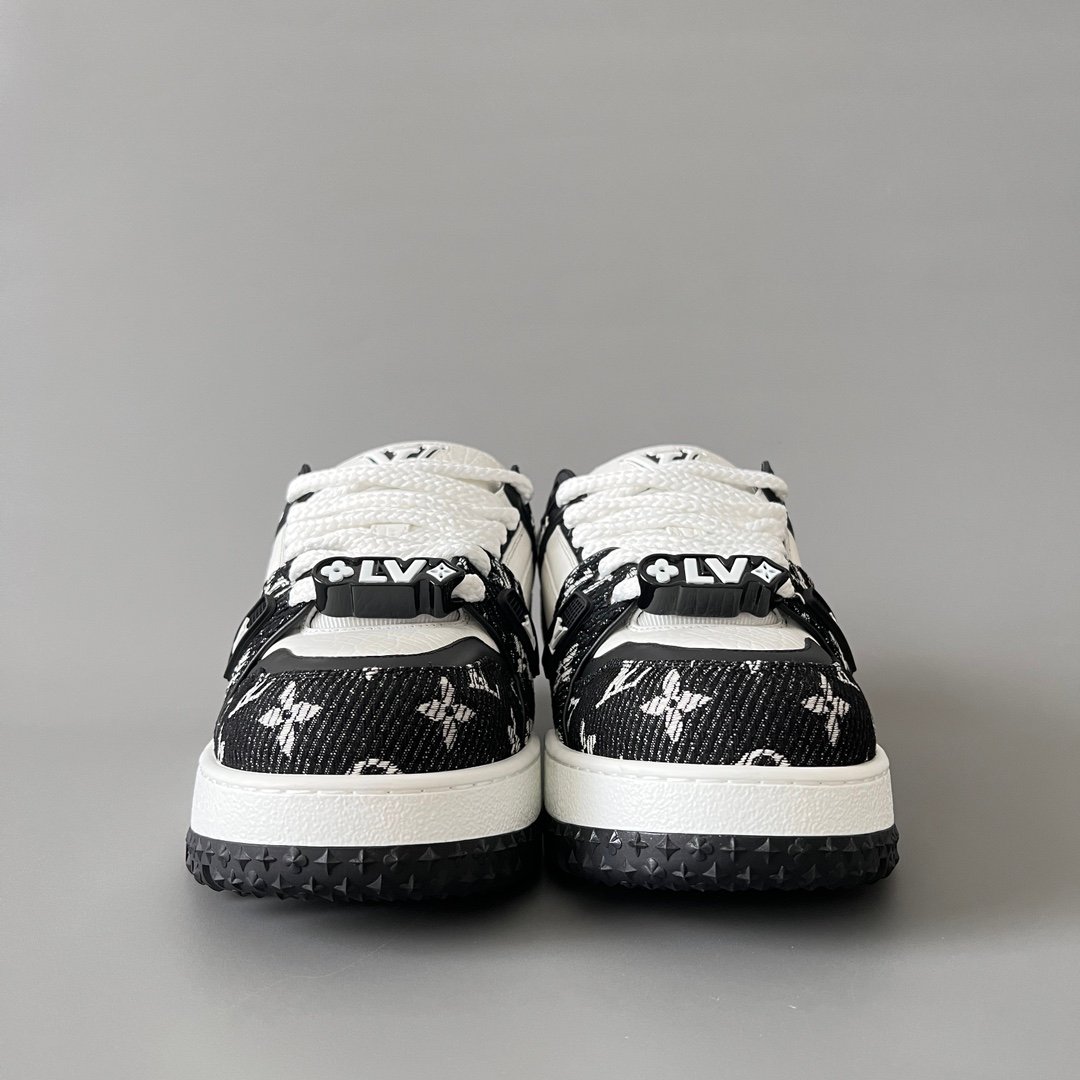 AuroraCustom LV Trainer Maxi Series Black Monogram Denim & White Leather Oversized Chunky Luxury Statement Sneaker (Unisex Edition) - Image 2