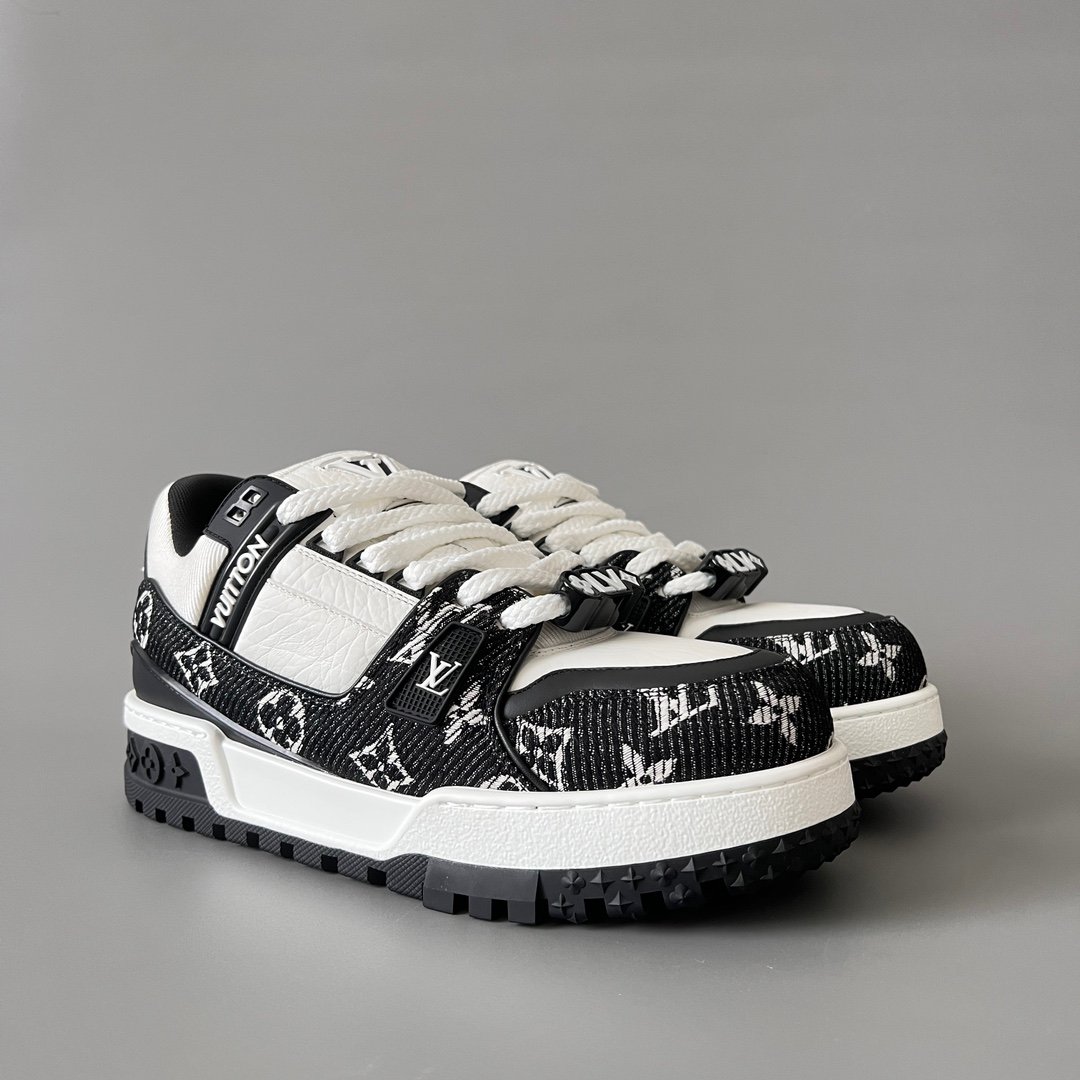 AuroraCustom LV Trainer Maxi Series Black Monogram Denim & White Leather Oversized Chunky Luxury Statement Sneaker (Unisex Edition) - Image 3