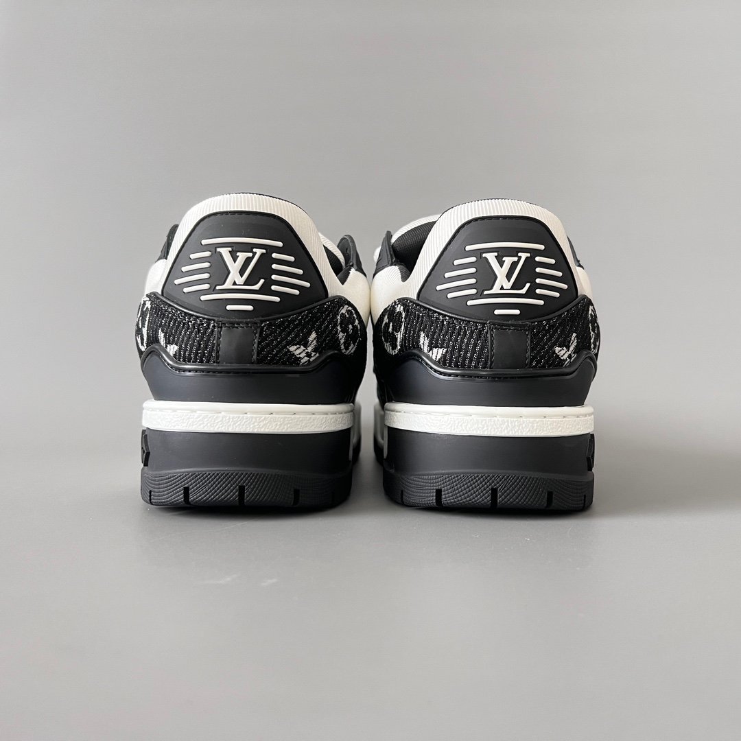 AuroraCustom LV Trainer Maxi Series Black Monogram Denim & White Leather Oversized Chunky Luxury Statement Sneaker (Unisex Edition) - Image 5