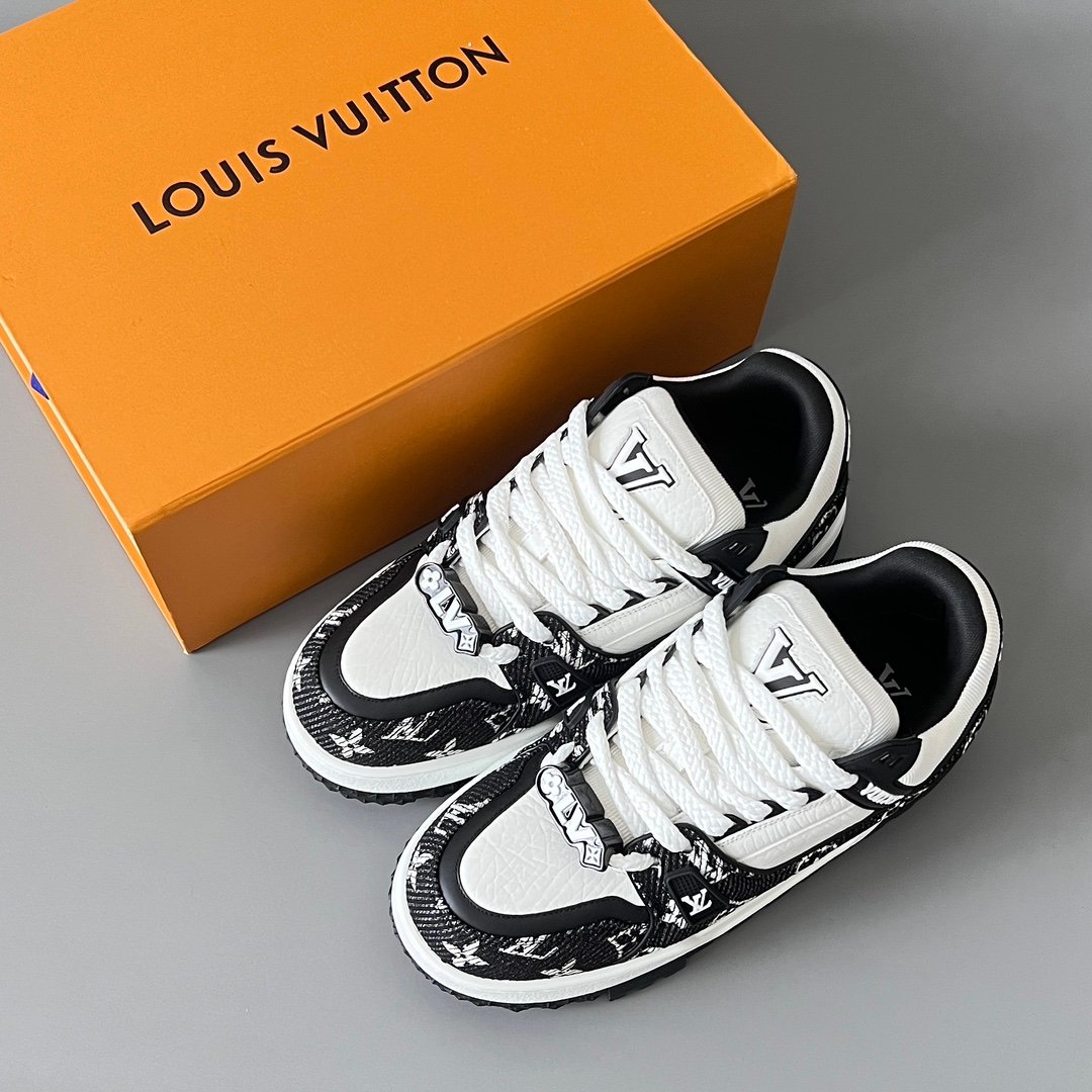AuroraCustom LV Trainer Maxi Series Black Monogram Denim & White Leather Oversized Chunky Luxury Statement Sneaker (Unisex Edition) - Image 9
