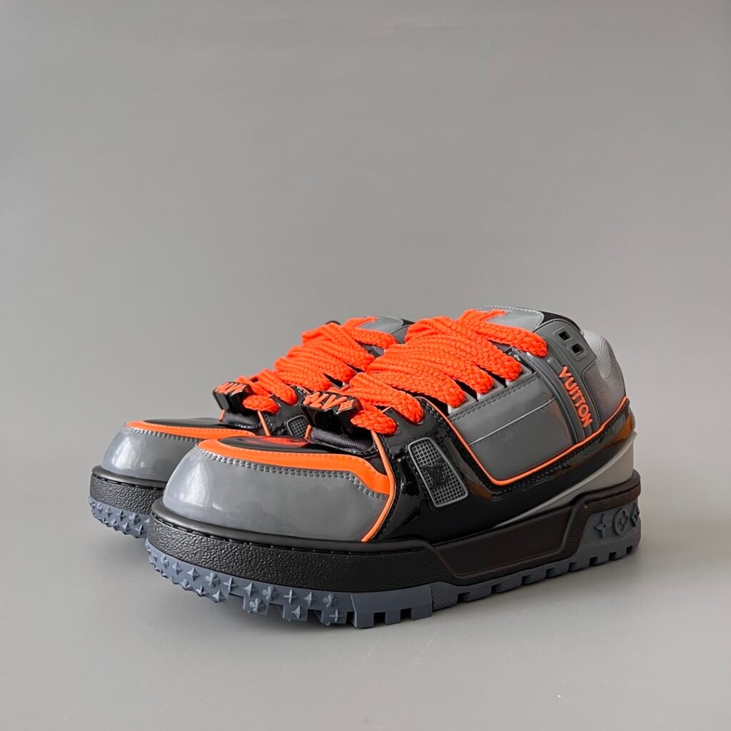 AuroraCustom LV Trainer Maxi Series Steel Grey & Glossy Black Patent Leather Vibrant Orange Accents Oversized Chunky Statement Sneaker (Unisex Edition)