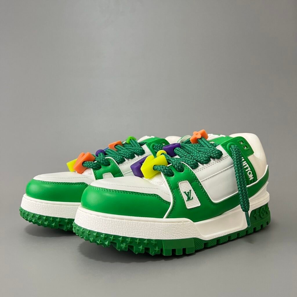 AuroraCustom LV Trainer Maxi Series Optic White & Grass Green Leather Multi-Color Playful Charms Oversized Chunky Luxury Statement Sneaker (Unisex Edition)