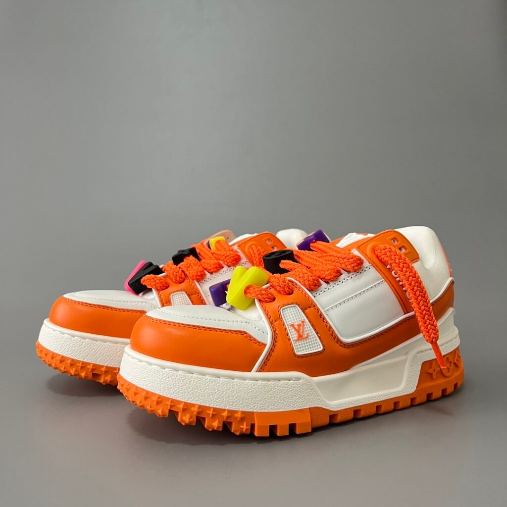 AuroraCustom LV Trainer Maxi Series Optic White & Vibrant Orange Leather Multi-Color Playful Charms Oversized Chunky Statement Sneaker (Unisex Edition)