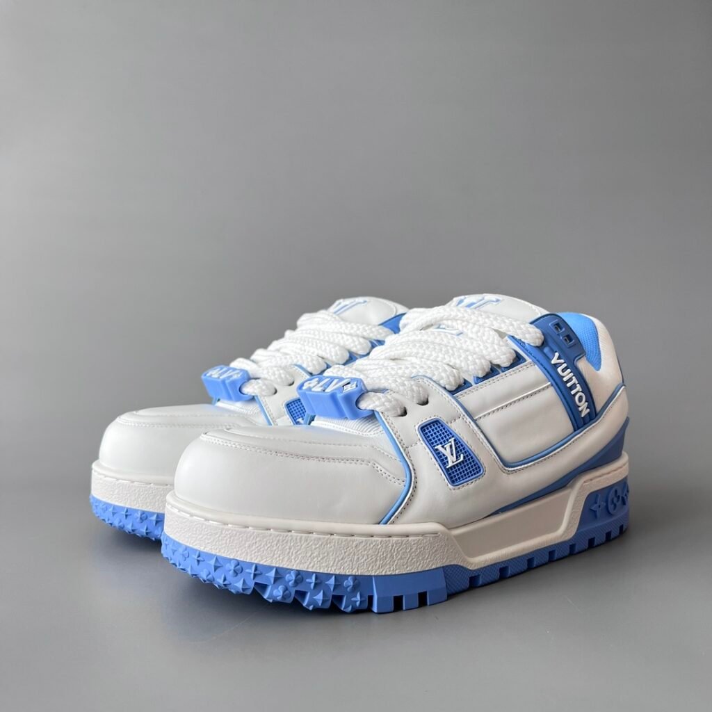 AuroraCustom LV Trainer Maxi Series Optic White Leather & UNC Sky Blue Accent Oversized Chunky Luxury Statement Sneaker (Unisex Edition)