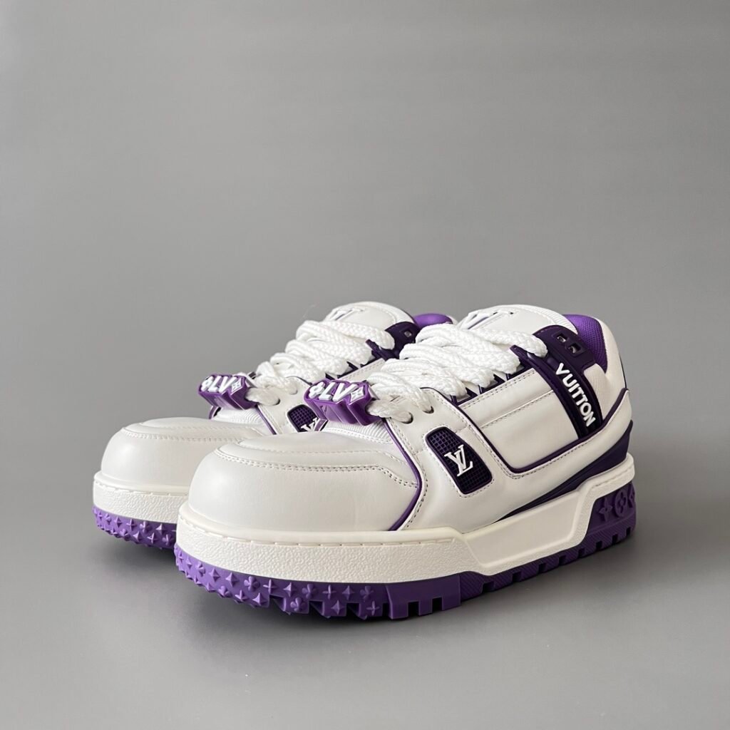 AuroraCustom LV Trainer Maxi Series Optic White Leather & Royal Violet Purple Accent Oversized Chunky Luxury Statement Sneaker (Unisex Edition)