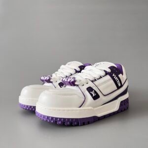 AuroraCustom LV Trainer Maxi Series Optic White Leather & Royal Violet Purple Accent Oversized Chunky Luxury Statement Sneaker (Unisex Edition)