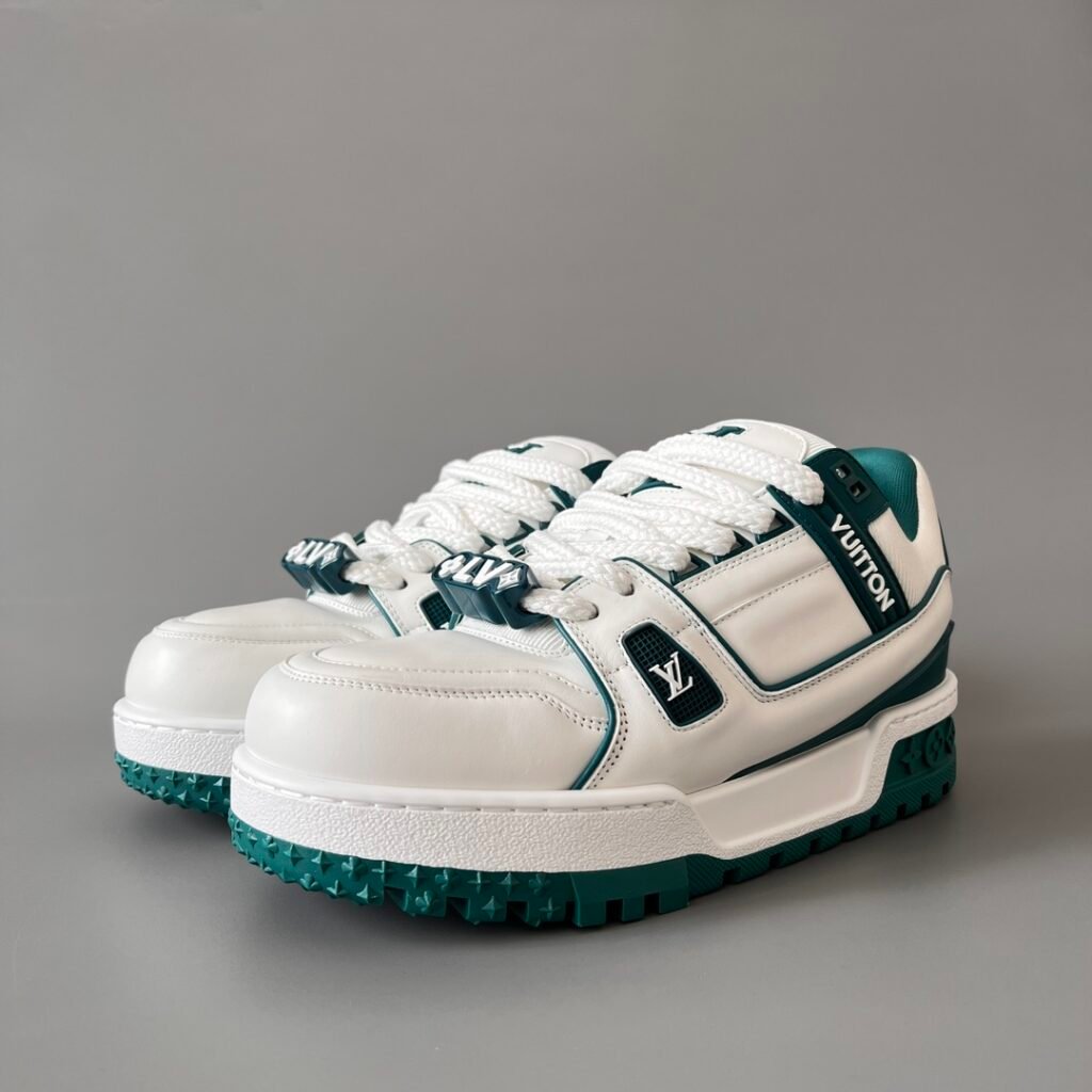AuroraCustom LV Trainer Maxi Series Optic White Leather & Pine Green Accent Oversized Chunky Luxury Statement Sneaker (Unisex Edition)