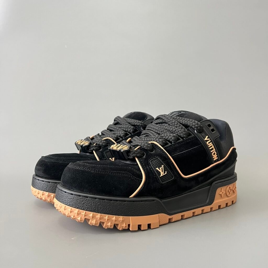 AuroraCustom LV Trainer Maxi Series Obsidian Black Suede & Luxury Gold Accents Oversized Chunky Statement Sneaker (Unisex Edition)