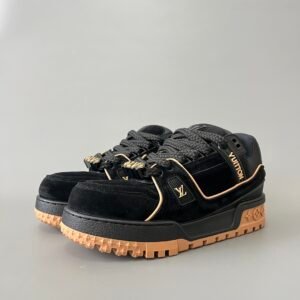 AuroraCustom LV Trainer Maxi Series Obsidian Black Suede & Luxury Gold Accents Oversized Chunky Statement Sneaker (Unisex Edition)