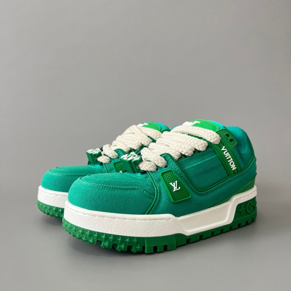 AuroraCustom LV Trainer Maxi Series Emerald Green Canvas Oversized Chunky Luxury Statement Sneaker (Unisex Edition)
