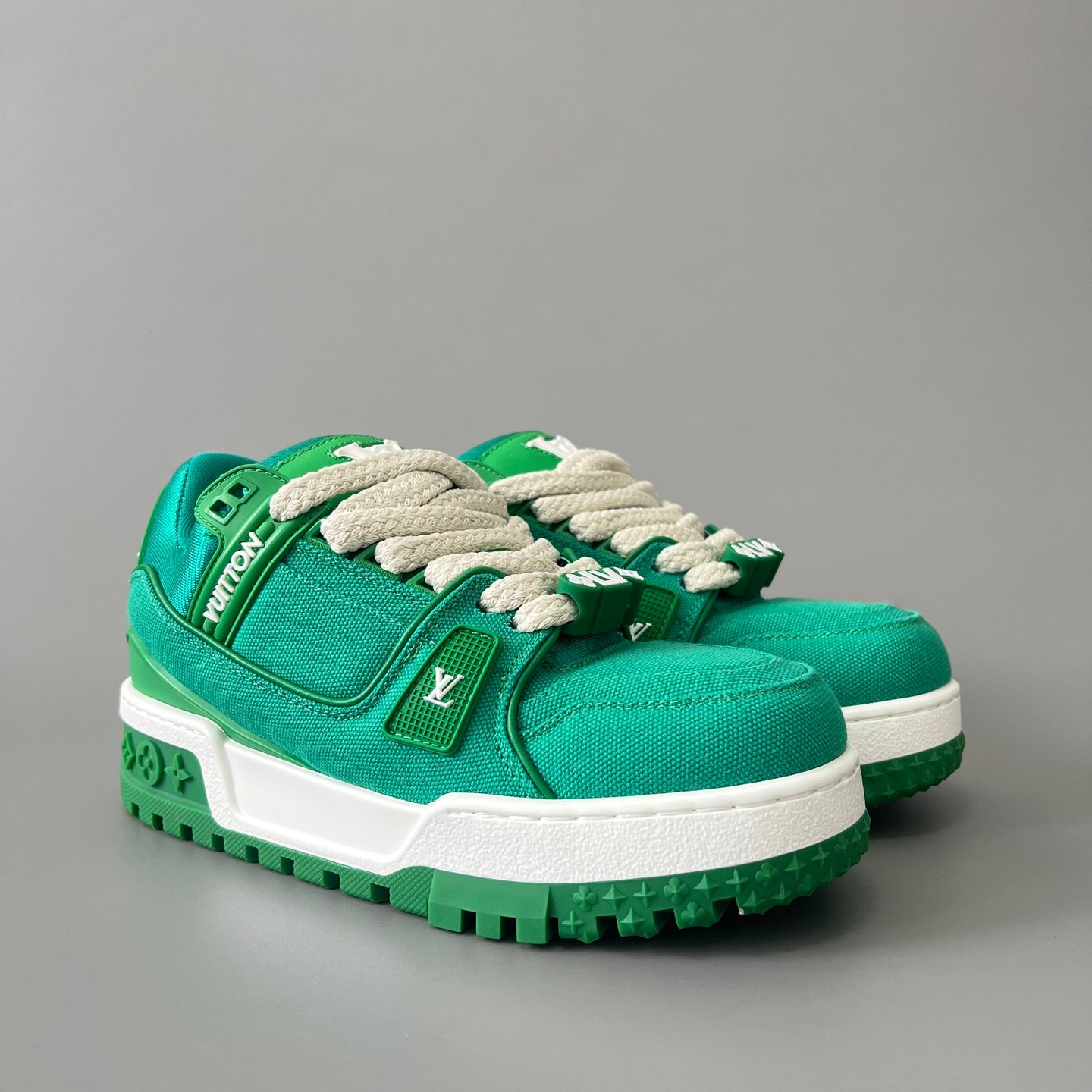 AuroraCustom LV Trainer Maxi Series Emerald Green Canvas Oversized Chunky Luxury Statement Sneaker (Unisex Edition) - Image 3