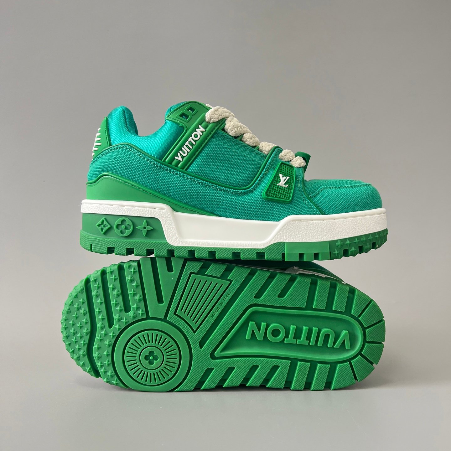 AuroraCustom LV Trainer Maxi Series Emerald Green Canvas Oversized Chunky Luxury Statement Sneaker (Unisex Edition) - Image 6