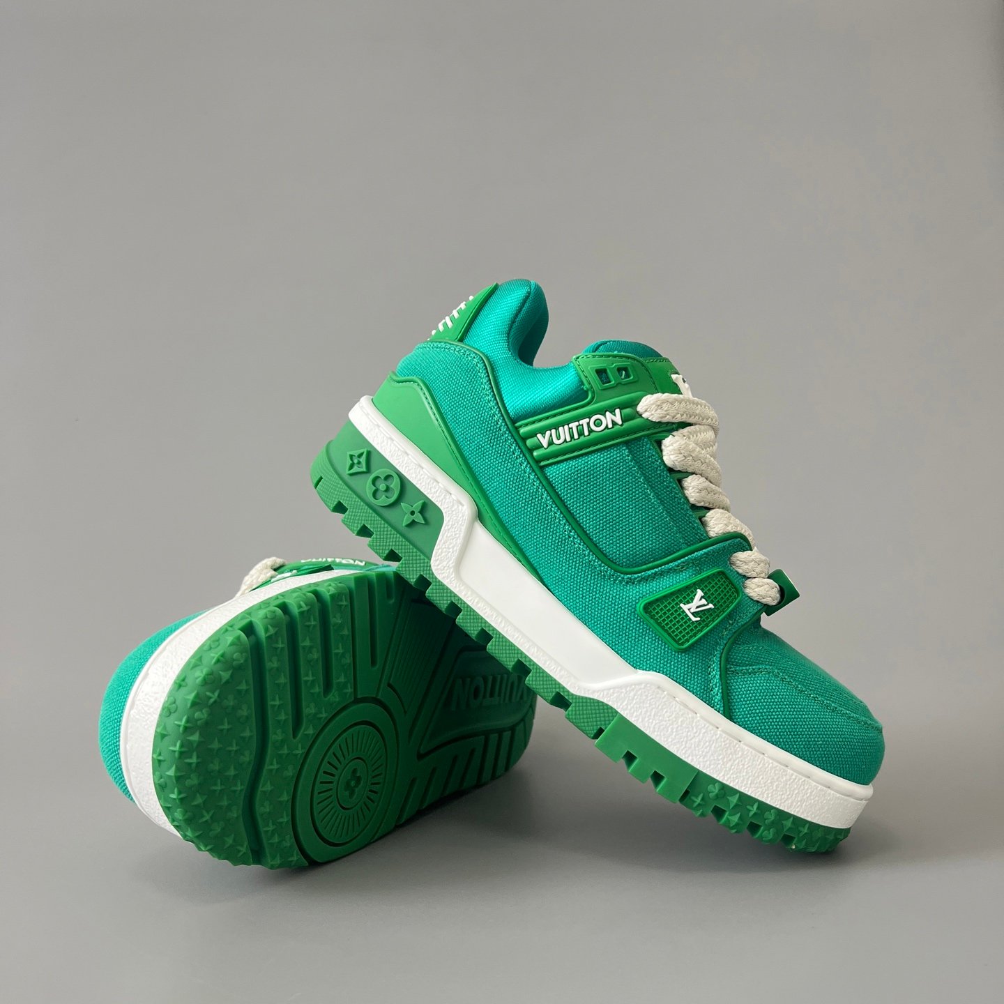 AuroraCustom LV Trainer Maxi Series Emerald Green Canvas Oversized Chunky Luxury Statement Sneaker (Unisex Edition) - Image 7