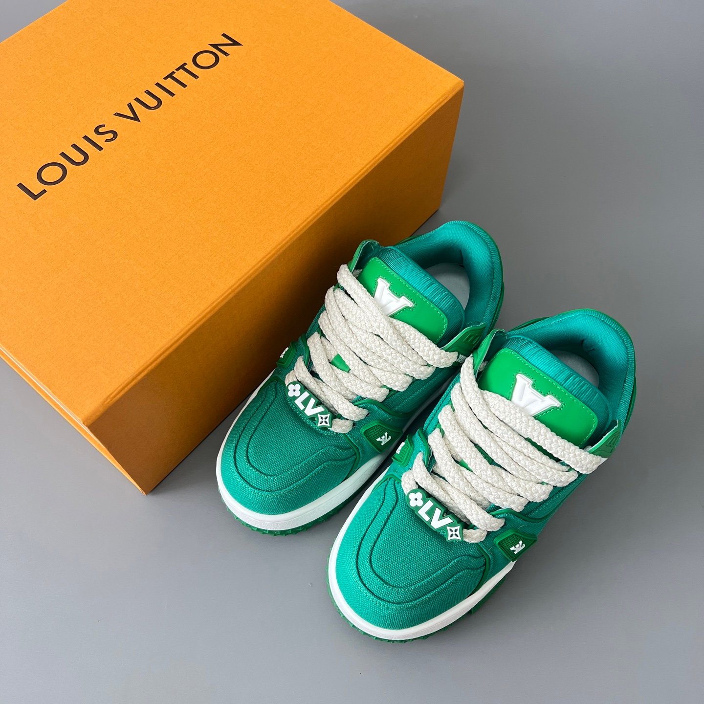 AuroraCustom LV Trainer Maxi Series Emerald Green Canvas Oversized Chunky Luxury Statement Sneaker (Unisex Edition) - Image 9