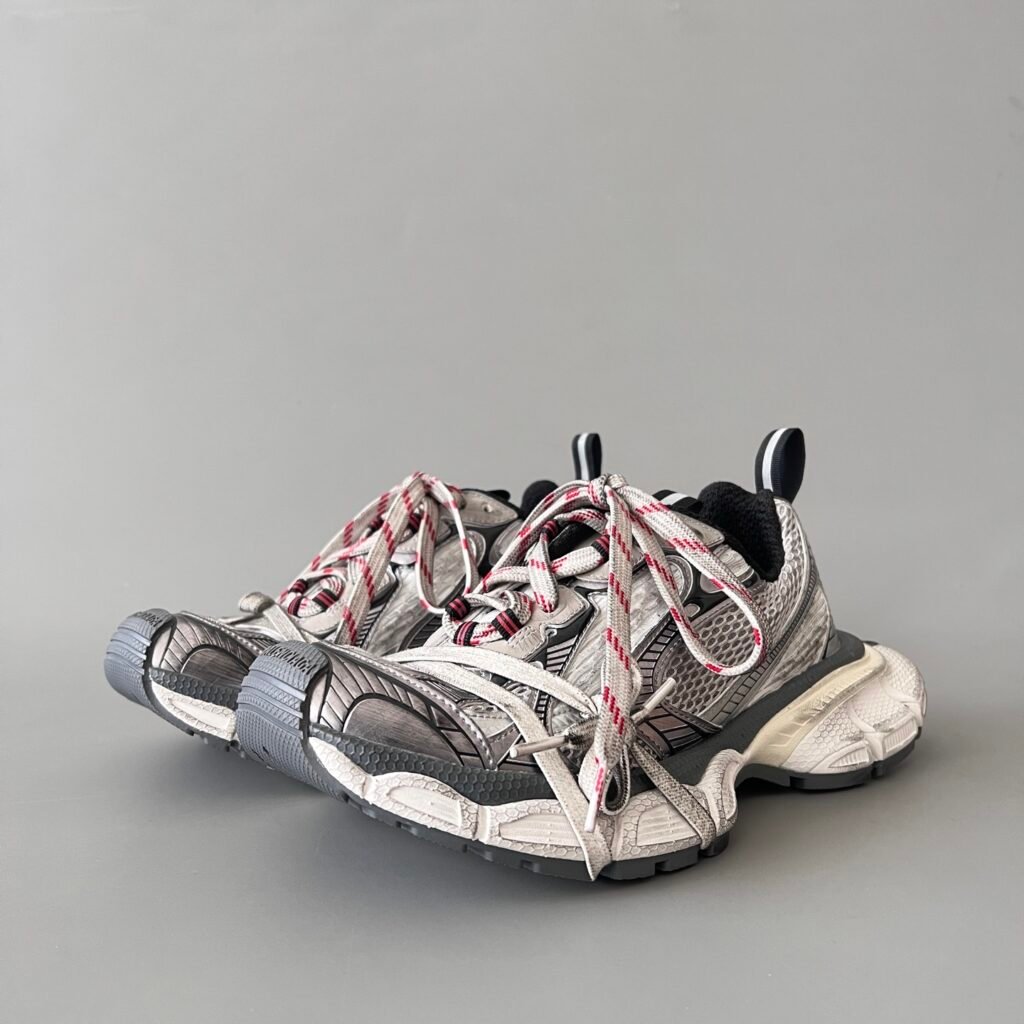 AuroraCustom Balenciaga 3XL Series Industrial Silver & Crimson Flare Vintage Distressed Avant-Garde Luxury Multi-Lace Running Trainer (Unisex Edition)
