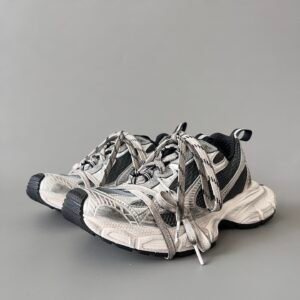 AuroraCustom Balenciaga 3XL Series Metallic Silver & Charcoal Black Vintage Distressed Avant-Garde Luxury Multi-Lace Running Trainer (Unisex Edition)