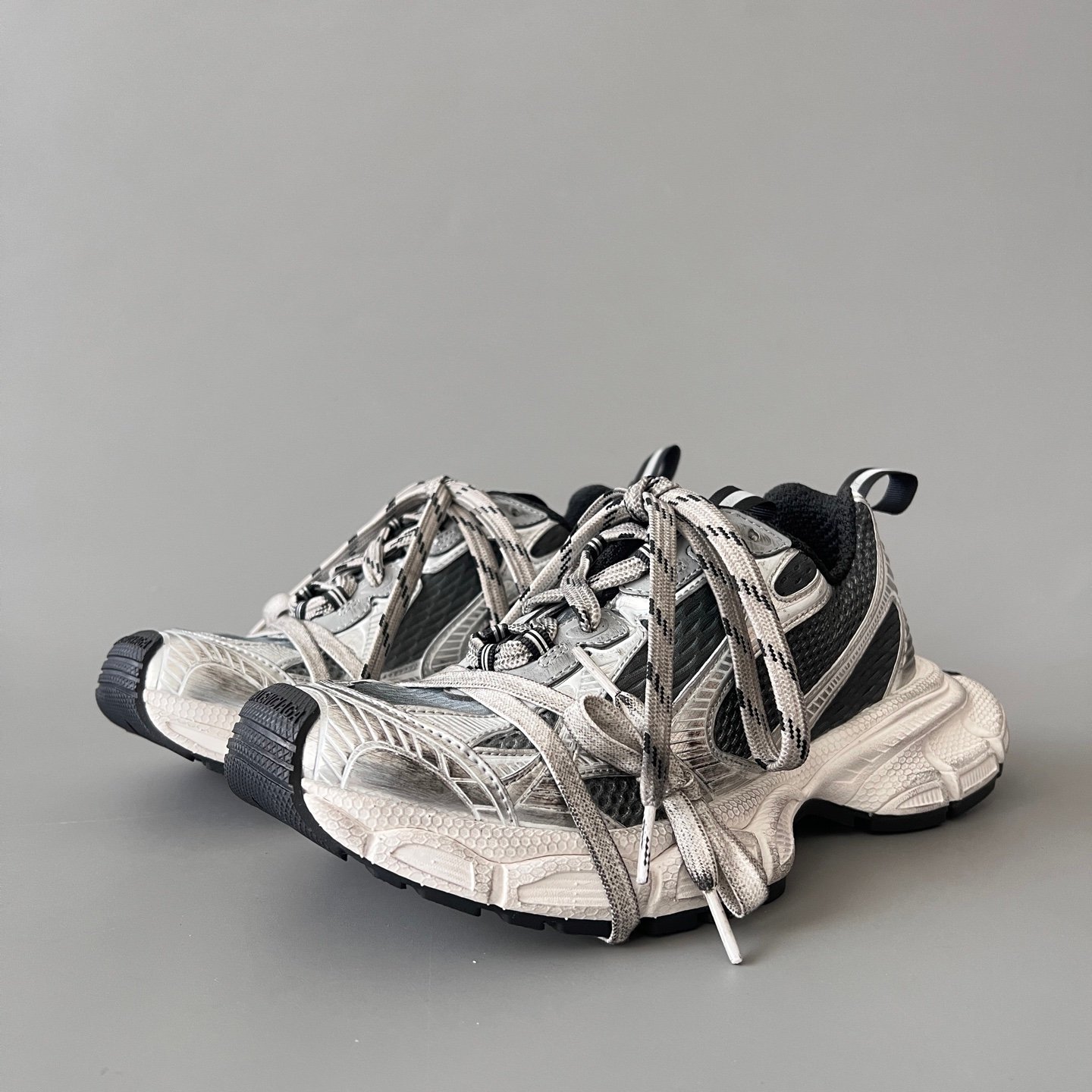 AuroraCustom Balenciaga 3XL Series Metallic Silver & Charcoal Black Vintage Distressed Avant-Garde Luxury Multi-Lace Running Trainer (Unisex Edition)