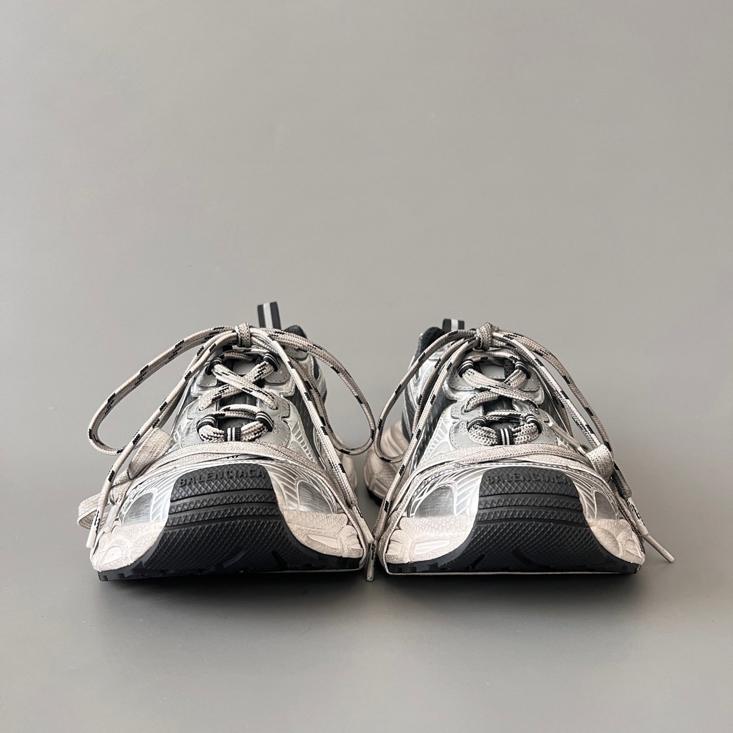 AuroraCustom Balenciaga 3XL Series Metallic Silver & Charcoal Black Vintage Distressed Avant-Garde Luxury Multi-Lace Running Trainer (Unisex Edition) - Image 2