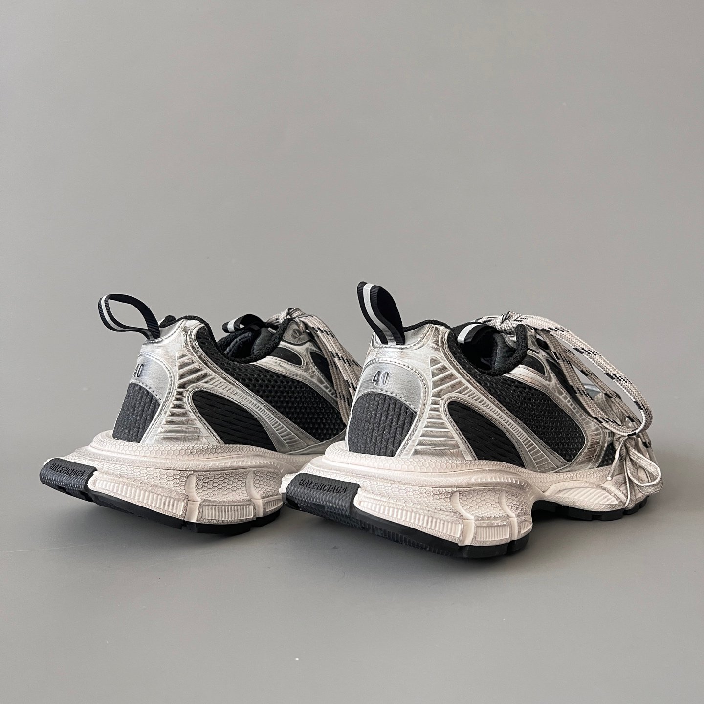 AuroraCustom Balenciaga 3XL Series Metallic Silver & Charcoal Black Vintage Distressed Avant-Garde Luxury Multi-Lace Running Trainer (Unisex Edition) - Image 4