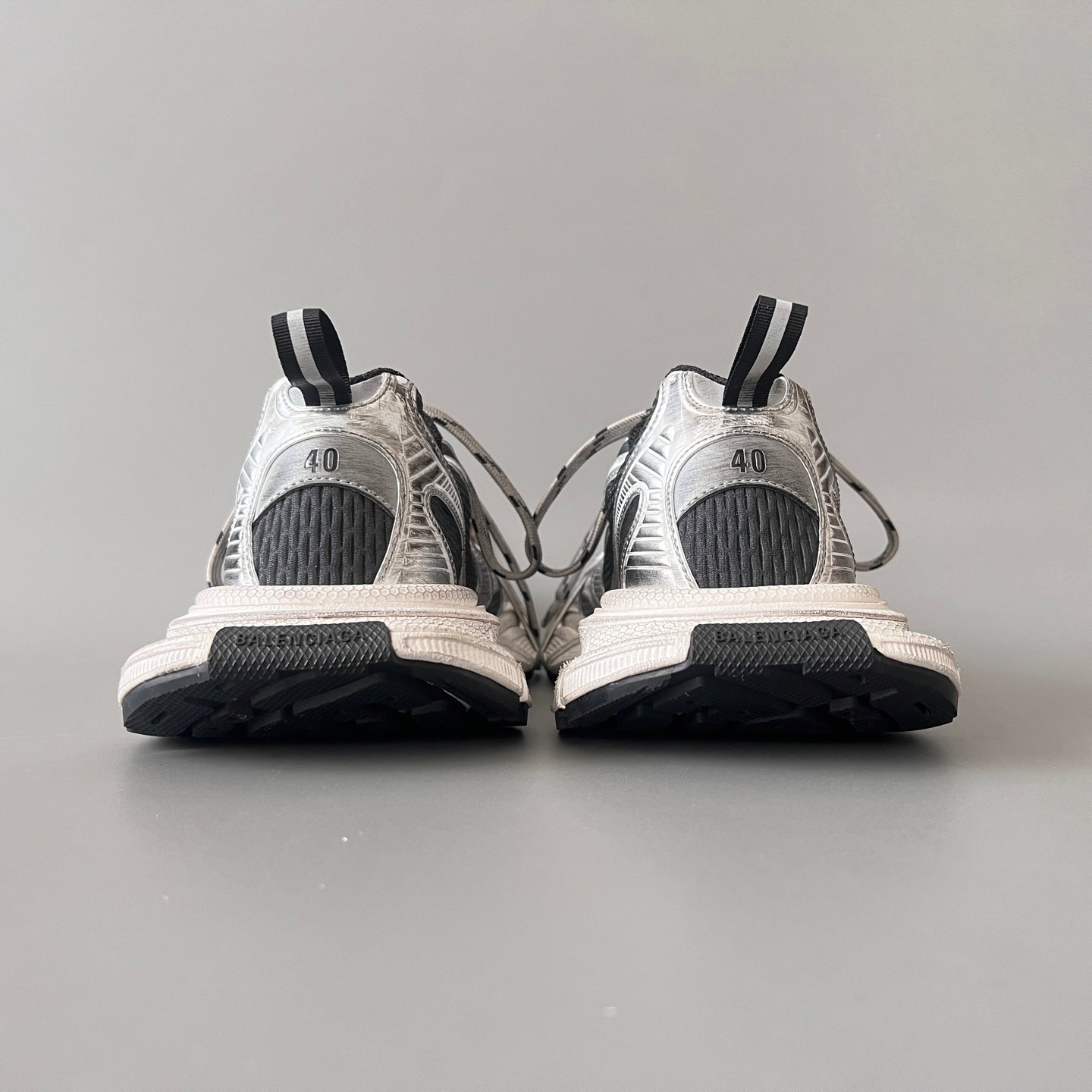 AuroraCustom Balenciaga 3XL Series Metallic Silver & Charcoal Black Vintage Distressed Avant-Garde Luxury Multi-Lace Running Trainer (Unisex Edition) - Image 5