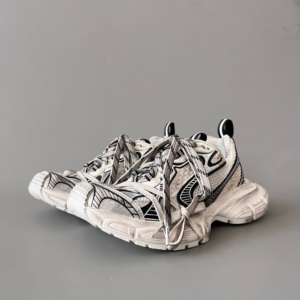 AuroraCustom Balenciaga 3XL Series Alabaster White & Core Black Vector Vintage Distressed Avant-Garde Luxury Multi-Lace Running Trainer (Unisex Edition)