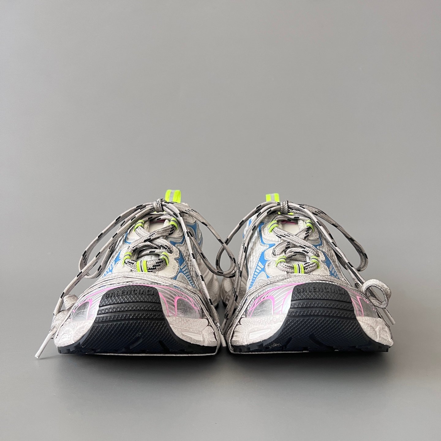 AuroraCustom Balenciaga 3XL Series Alabaster Grey & Multi-Neon Brights Vintage Distressed Avant-Garde Luxury Multi-Lace Running Trainer (Unisex Edition) - Image 2