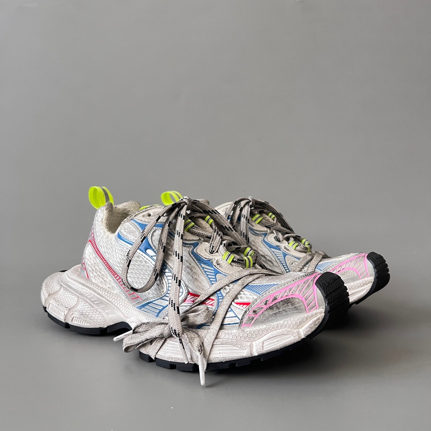 AuroraCustom Balenciaga 3XL Series Alabaster Grey & Multi-Neon Brights Vintage Distressed Avant-Garde Luxury Multi-Lace Running Trainer (Unisex Edition) - Image 3