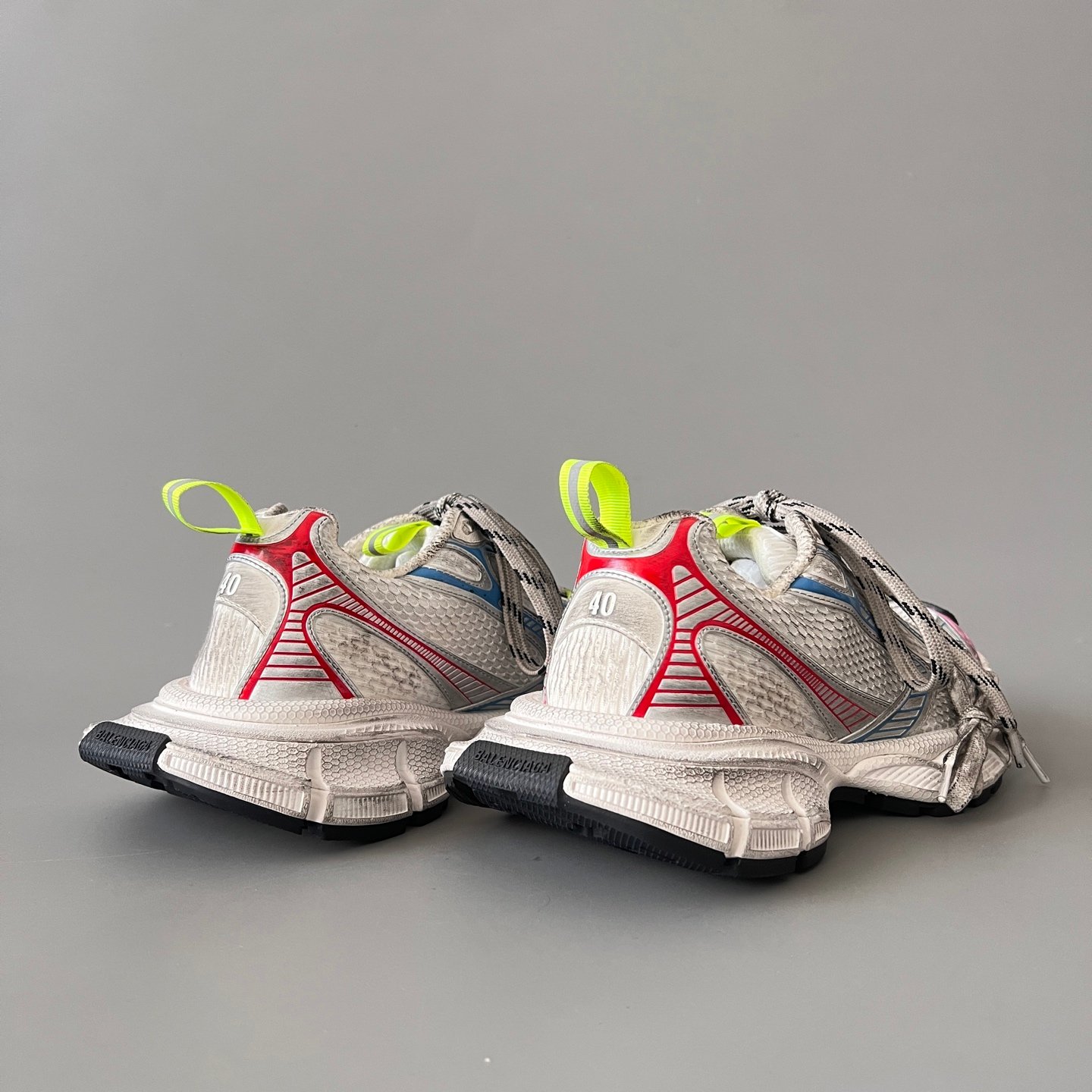 AuroraCustom Balenciaga 3XL Series Alabaster Grey & Multi-Neon Brights Vintage Distressed Avant-Garde Luxury Multi-Lace Running Trainer (Unisex Edition) - Image 4
