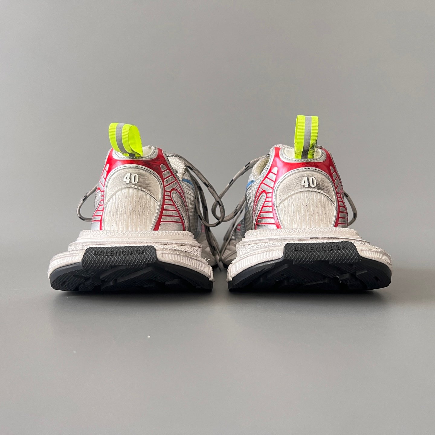 AuroraCustom Balenciaga 3XL Series Alabaster Grey & Multi-Neon Brights Vintage Distressed Avant-Garde Luxury Multi-Lace Running Trainer (Unisex Edition) - Image 5
