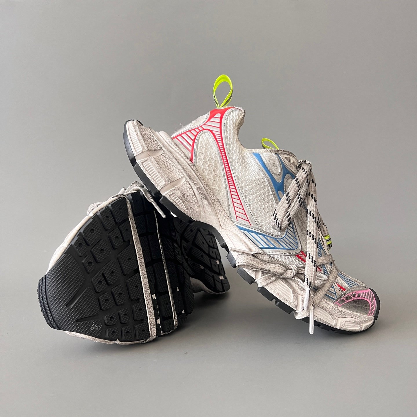 AuroraCustom Balenciaga 3XL Series Alabaster Grey & Multi-Neon Brights Vintage Distressed Avant-Garde Luxury Multi-Lace Running Trainer (Unisex Edition) - Image 7