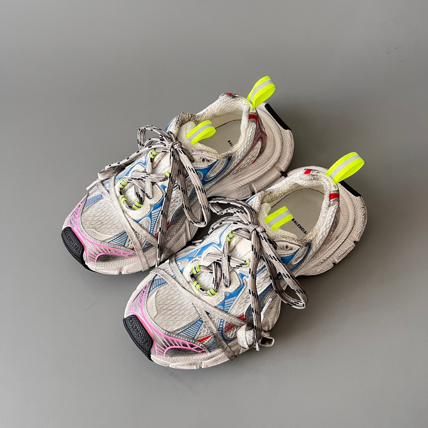 AuroraCustom Balenciaga 3XL Series Alabaster Grey & Multi-Neon Brights Vintage Distressed Avant-Garde Luxury Multi-Lace Running Trainer (Unisex Edition) - Image 8