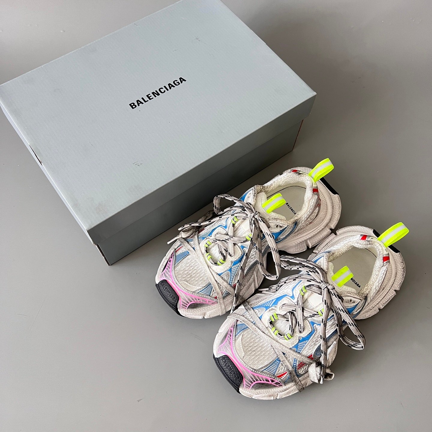 AuroraCustom Balenciaga 3XL Series Alabaster Grey & Multi-Neon Brights Vintage Distressed Avant-Garde Luxury Multi-Lace Running Trainer (Unisex Edition) - Image 9