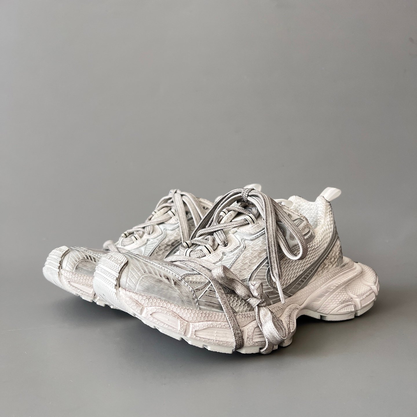 AuroraCustom Balenciaga 3XL Series Off-White & Distressed Grey Vintage Deconstructed Luxury Multi-Lace Running Trainer (Unisex Edition)