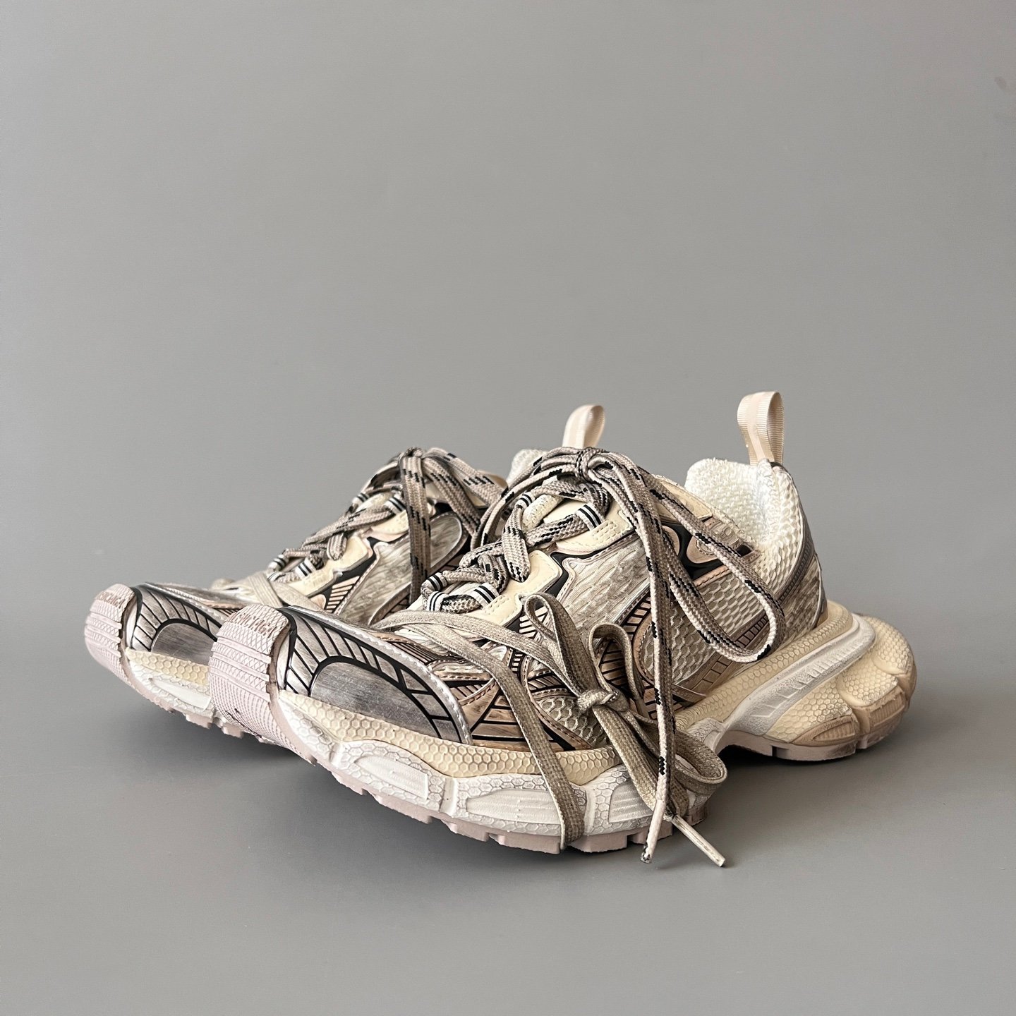 AuroraCustom Balenciaga 3XL Series Alabaster Cream & Pale Tan Vintage Distressed Avant-Garde Luxury Multi-Lace Running Trainer (Unisex Edition)
